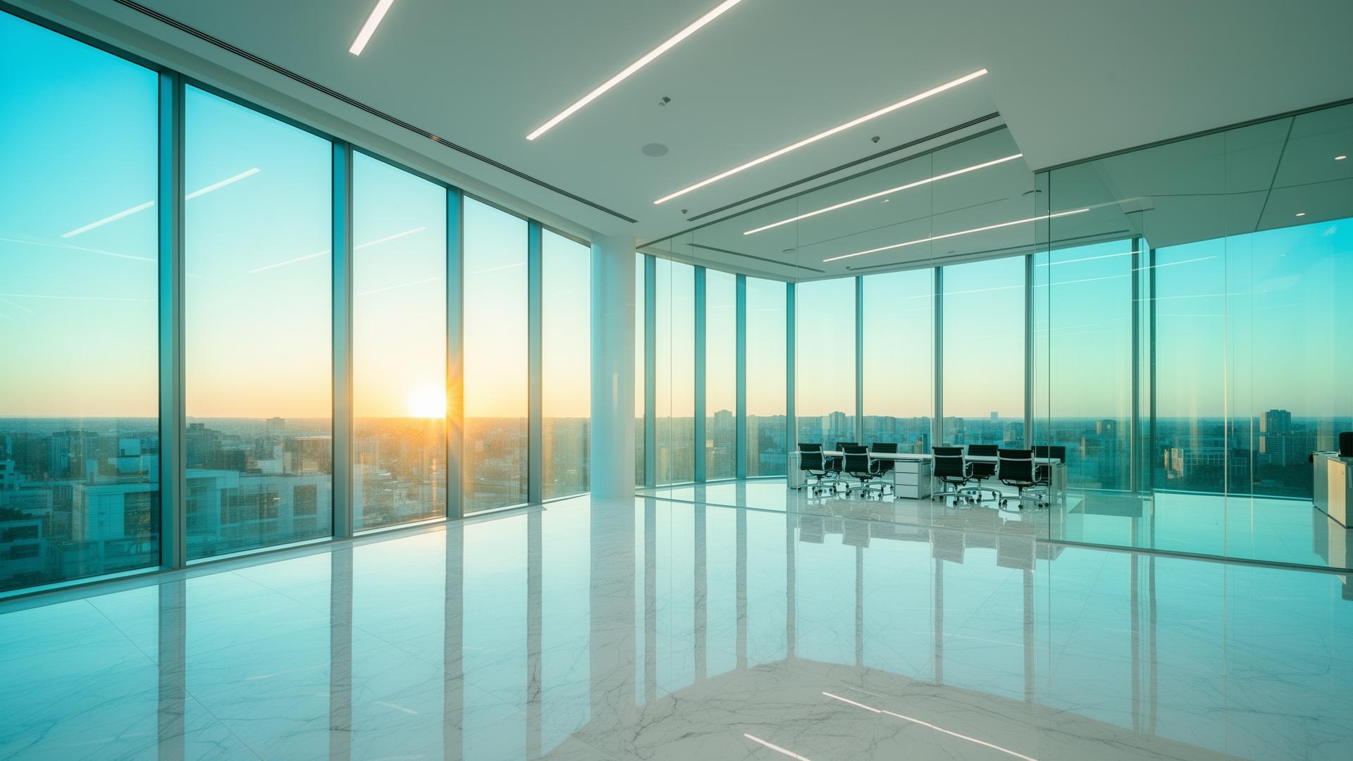 Modernes sauberes Büro bei Sonnenaufgang